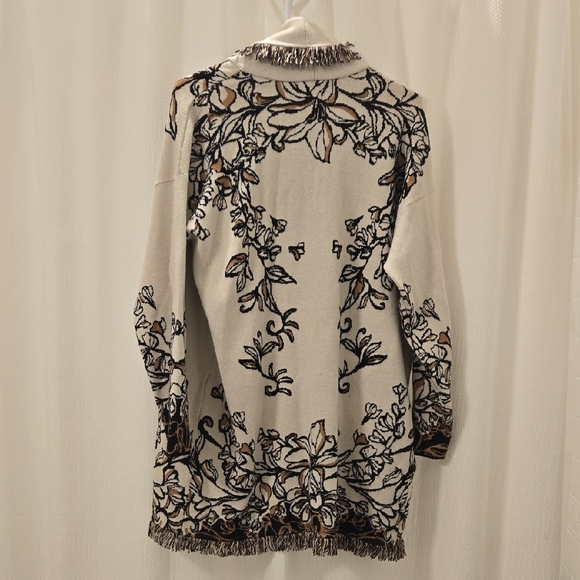 Chico's Elegant Cream and Brown Leaf And Floral Fringe Cardigan - Picture 5 of 5